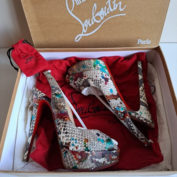 Christian Louboutin Python Leather Lady Peep Toe Platform Slingback Size 37.5 - Picture 16 of 16